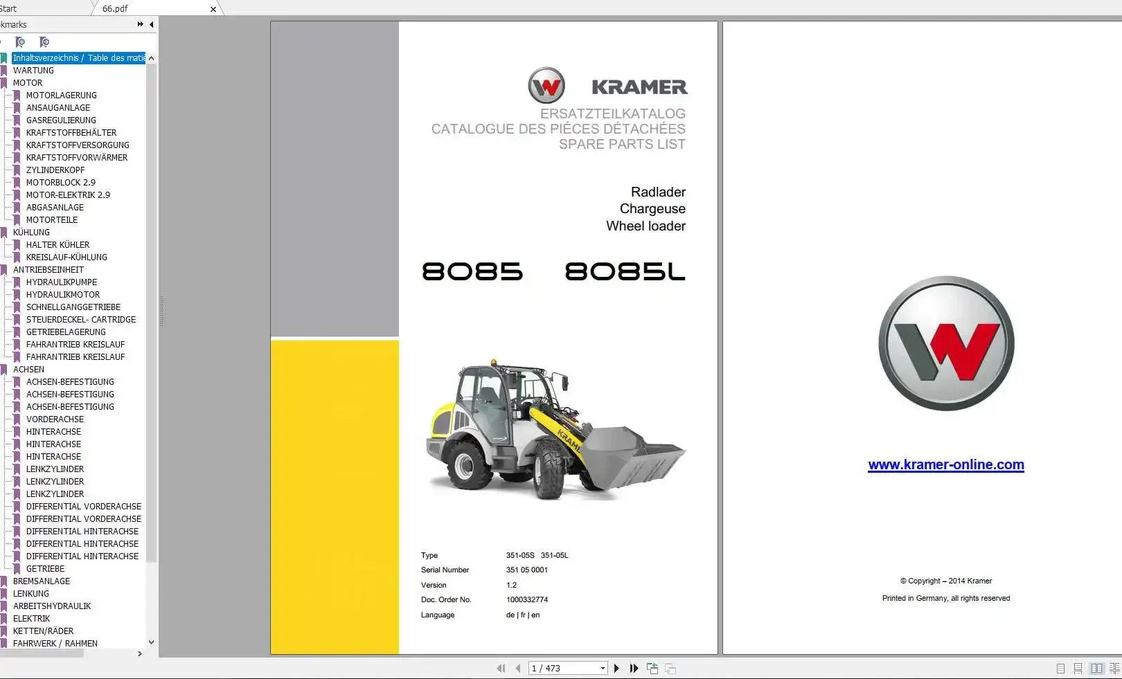 Колесный погрузчик Kramer Allrad телескопический список запасных частей DVD