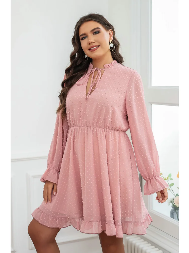 New plus size women short-sleeved V-neck fashion slim ruffled waist pink short dress plus size outfits  party dresses