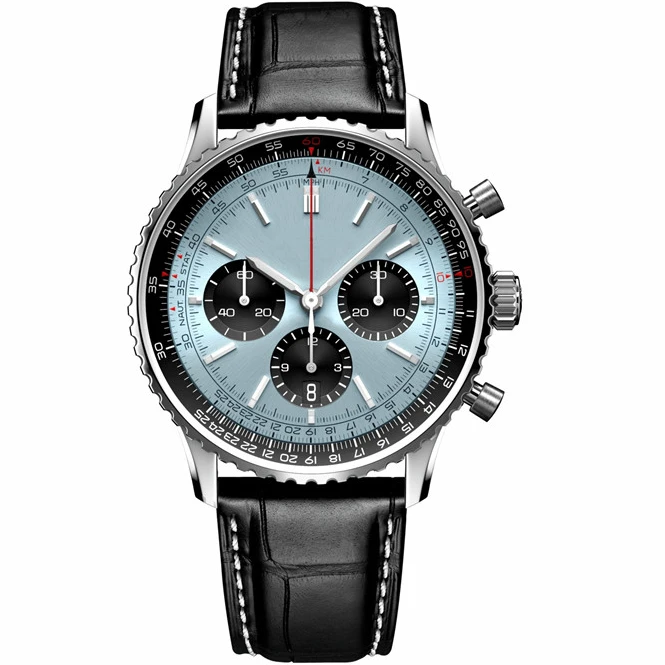 

Mens Quartz Chronograph Calendar Aviation Pilots Watch Black Leather Green Blue