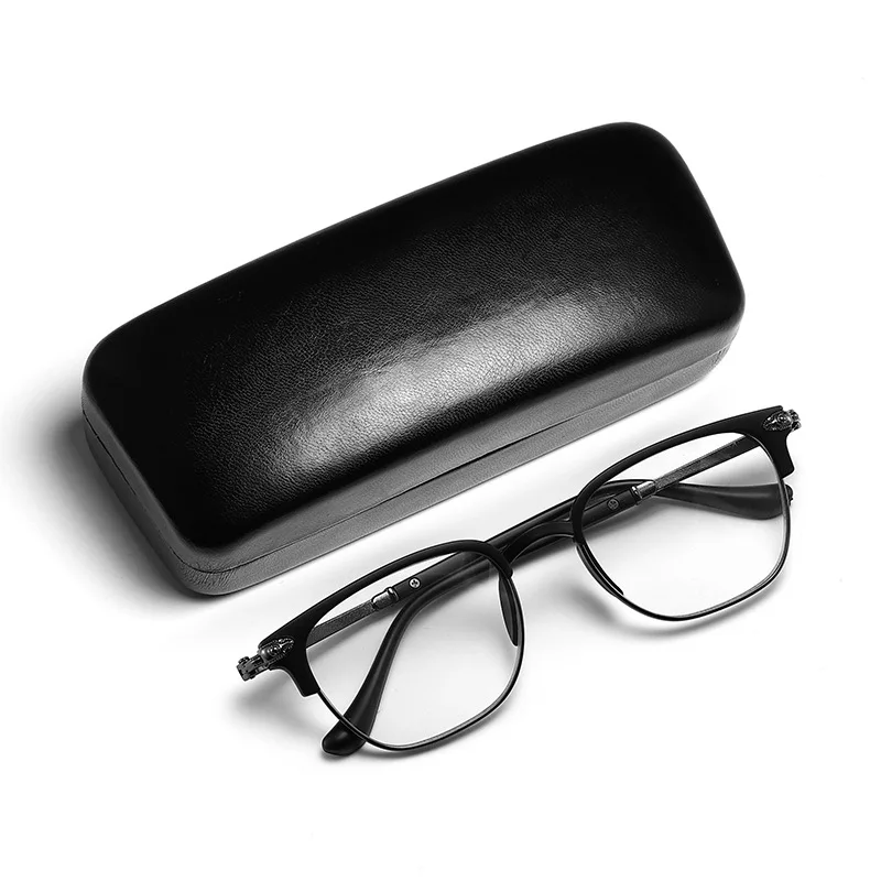 Металлическая жесткая коробка черные кожаные очки с окантовкой зеркальные