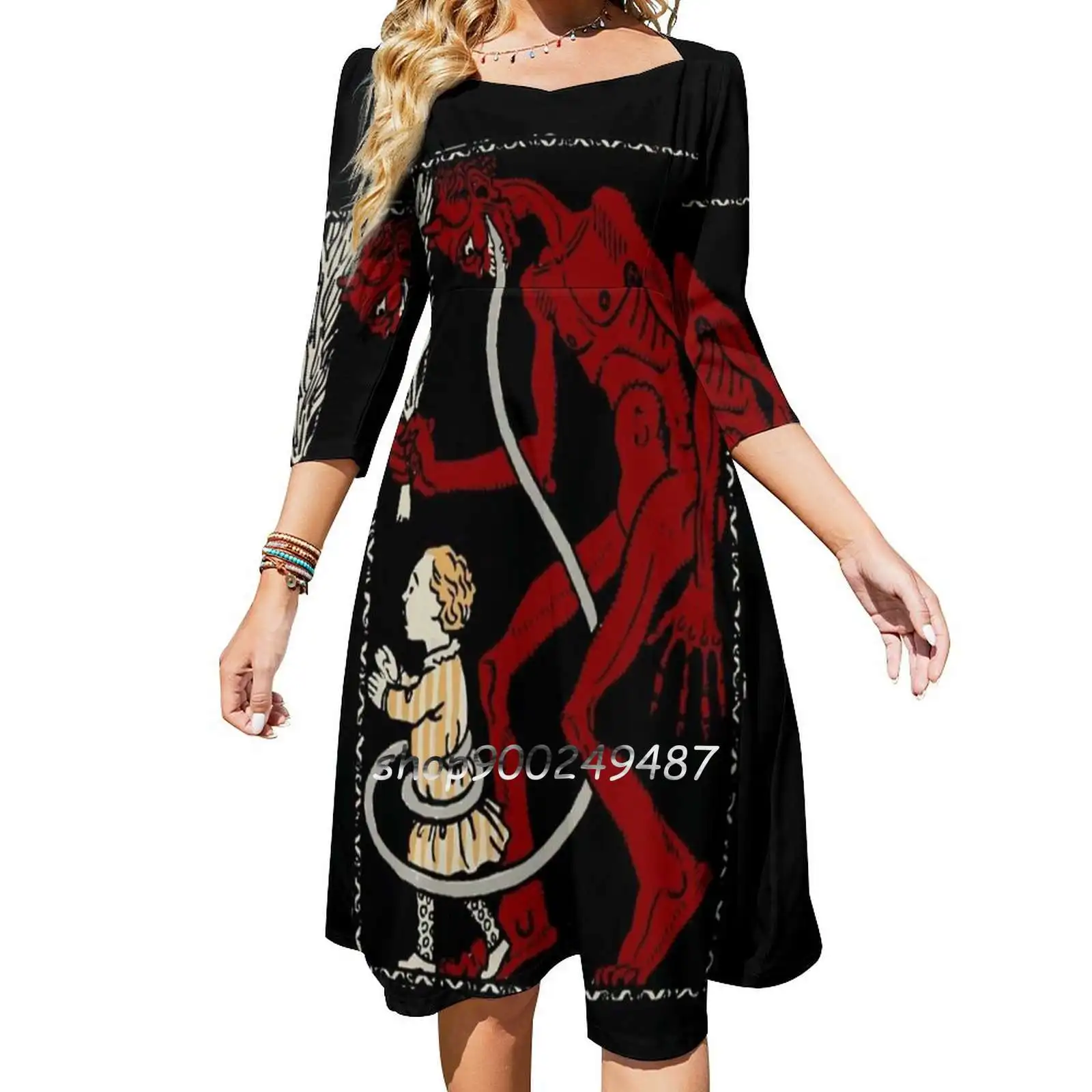 

Krampus 2 Sweetheart Knot Flared Dress Fashion Design Large Size Loose Dress Krampus Christmas Devil Goth Horror Gothic Demon