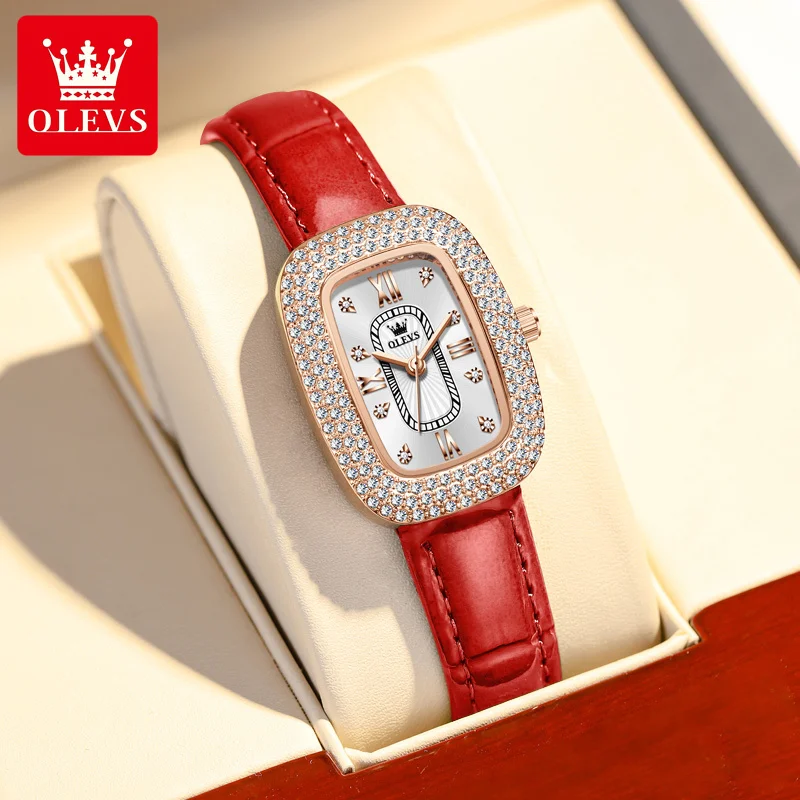 OLEVS Luxury Rhinestone Elegant Fashion Watch Women Quartz Watches Red Leather Band Ladies Wristwatch Gift Reloj Mujer enlarge