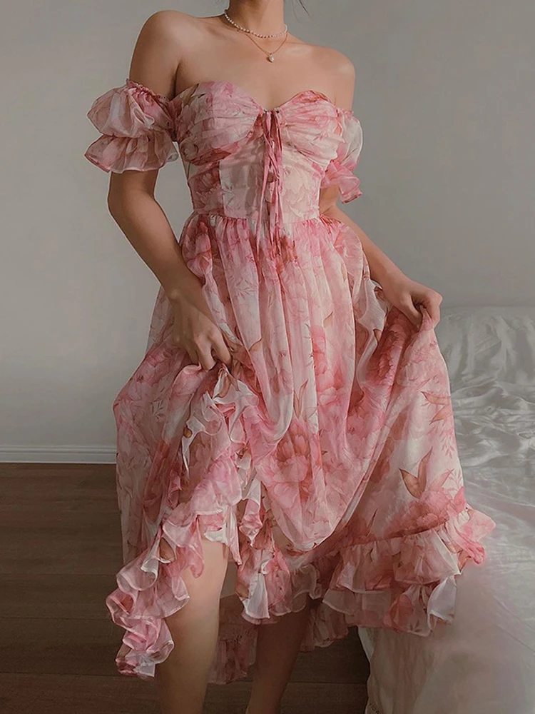 

Pink Floral Ruffled Chiffon Dress Short Sleeve Elegant Women Retro Slash Neck Sexy Summer Chic Laides Party Dresses Sexy Women