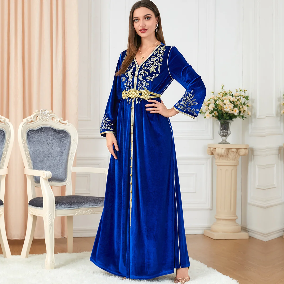 

ROKEN EVAN 2022 Autumn Muslim Arabic Dress Blue Velvet Dress Elegant Abaya Maxi Dress Kaftan Femme Musulman Ramdam Season