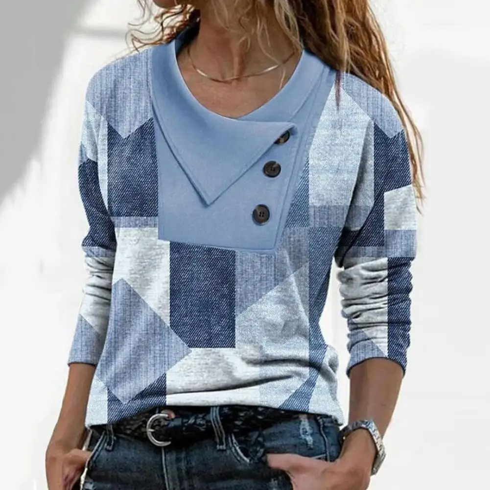 

Популярная поглощающая пот женская блузка на пуговицах демисезонная винтажная женская футболка с геометрическим принтом в клетку для работы