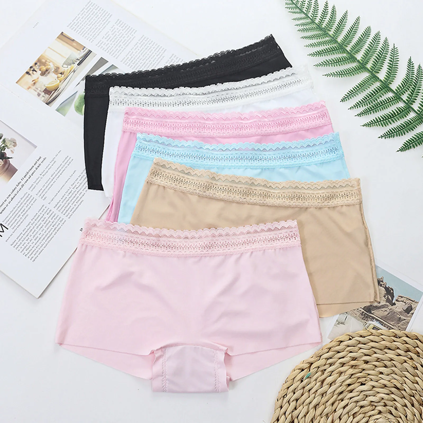 

2024 Women's Breathable Solid Color Briefs Costume Comfortable Mid Waist Intimates Panties With Lace Decor Costume For Women