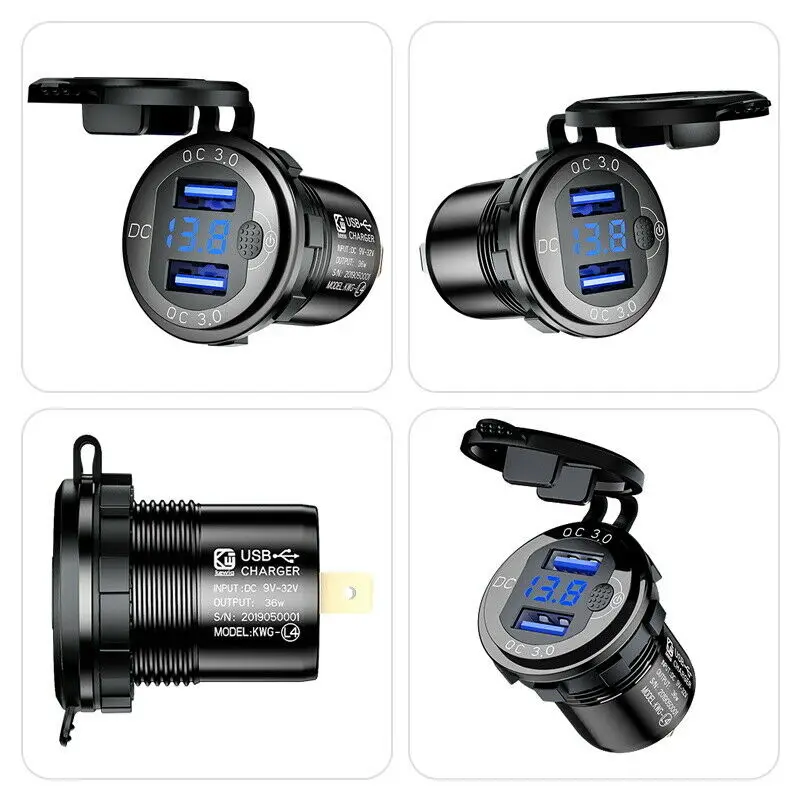

Fast Car Charger QC3.0 with voltmeter dual USB mobile phone charger with switch aluminum alloy LED Voltmeter FOR 12-24V RV yacht