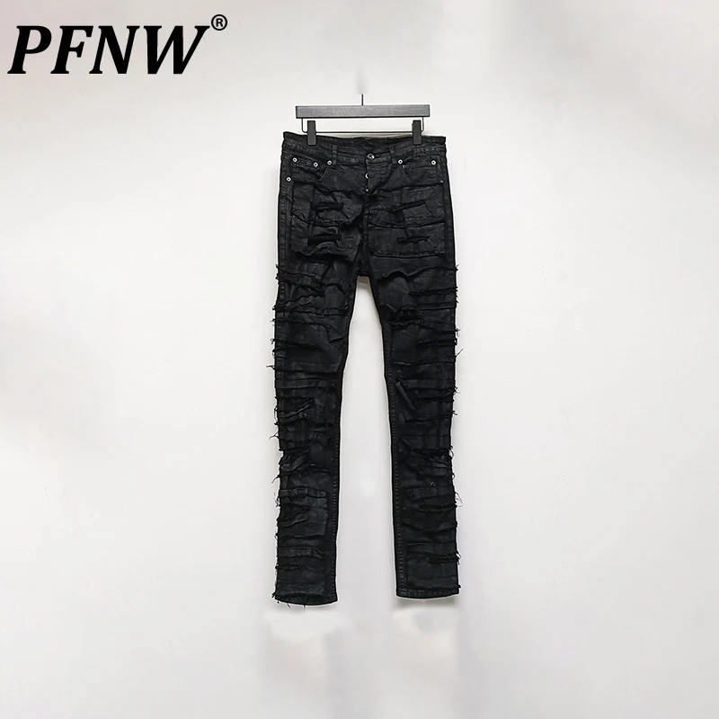 

Мужские джинсы PFNW в стиле панк, черные эластичные джинсовые брюки с двойной нитью, с восковым покрытием, 12A4538