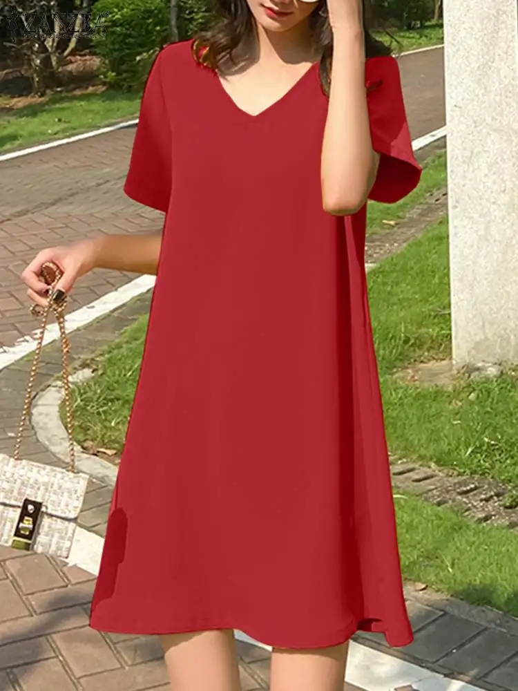 

ZANZEA Women Elegant V Neck Solid Loose Sundress Stylish Summer Short Sleeve Casual Holiday Dress Robe Femme Knee-length Vestido