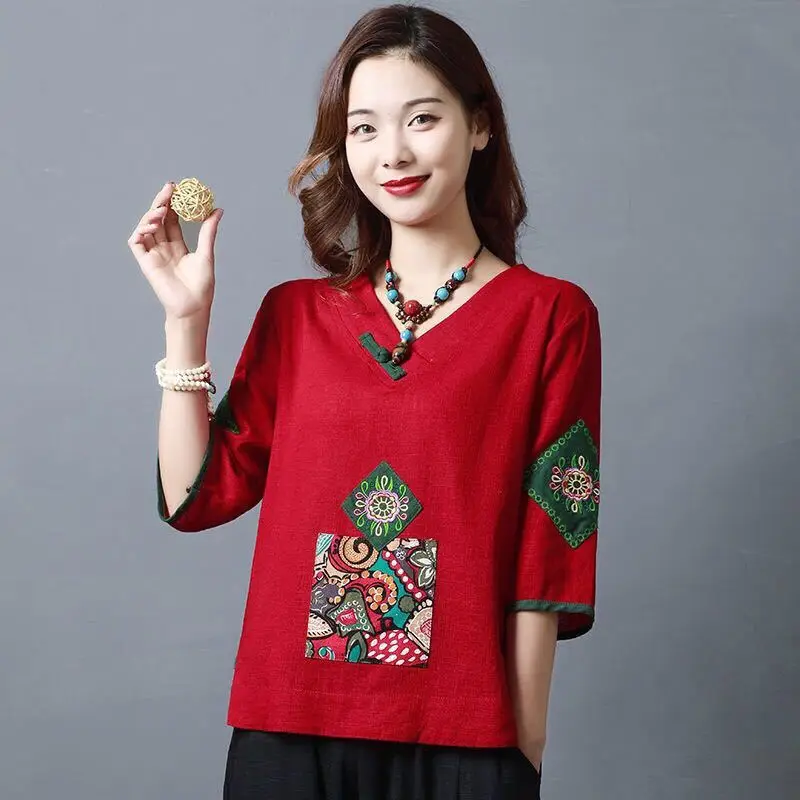 

Women Clothing Fashion Clothes T Shirt Tops Shirts for Women Cotton Linen Summer Tees Casual Ethnic Style Vetement Femme New