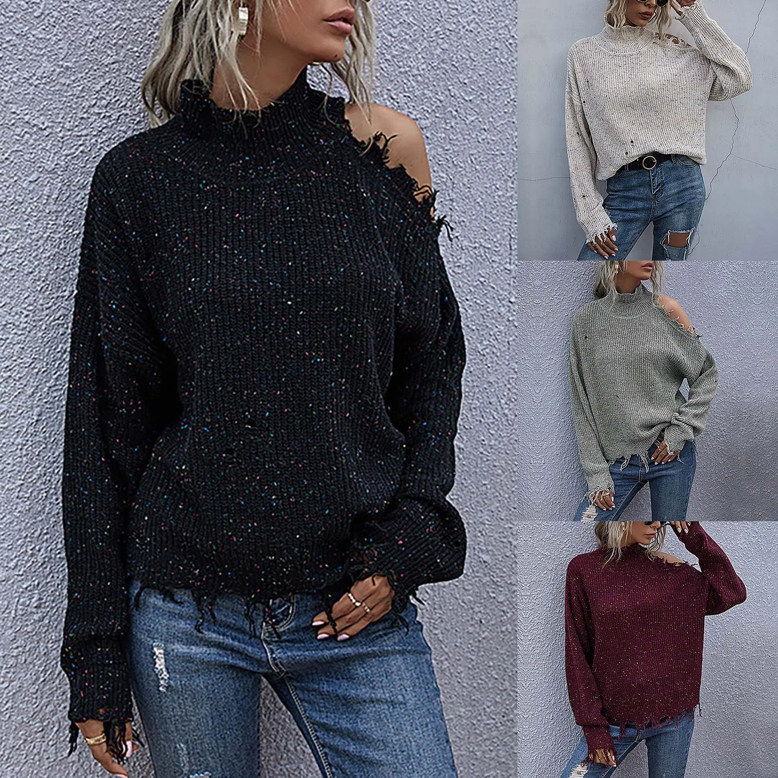 

Женская Повседневная Туника оверсайз с высоким воротом, пуловер с открытыми плечами и рукавами, свитер, топы, Мужской пуловер, толстовка