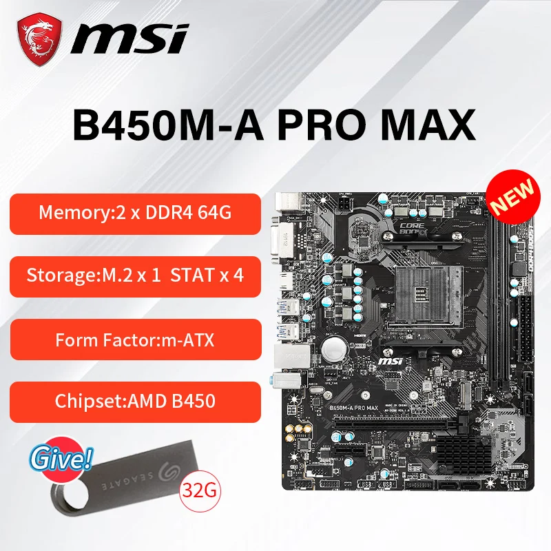 

Новинка Материнская плата MSI B450M A PRO MAX mATX AMD B450 DDR4 4133 МГц M.2 SATAIII USB3.2 поддержка процессора AMD Socket AM4 материнская плата
