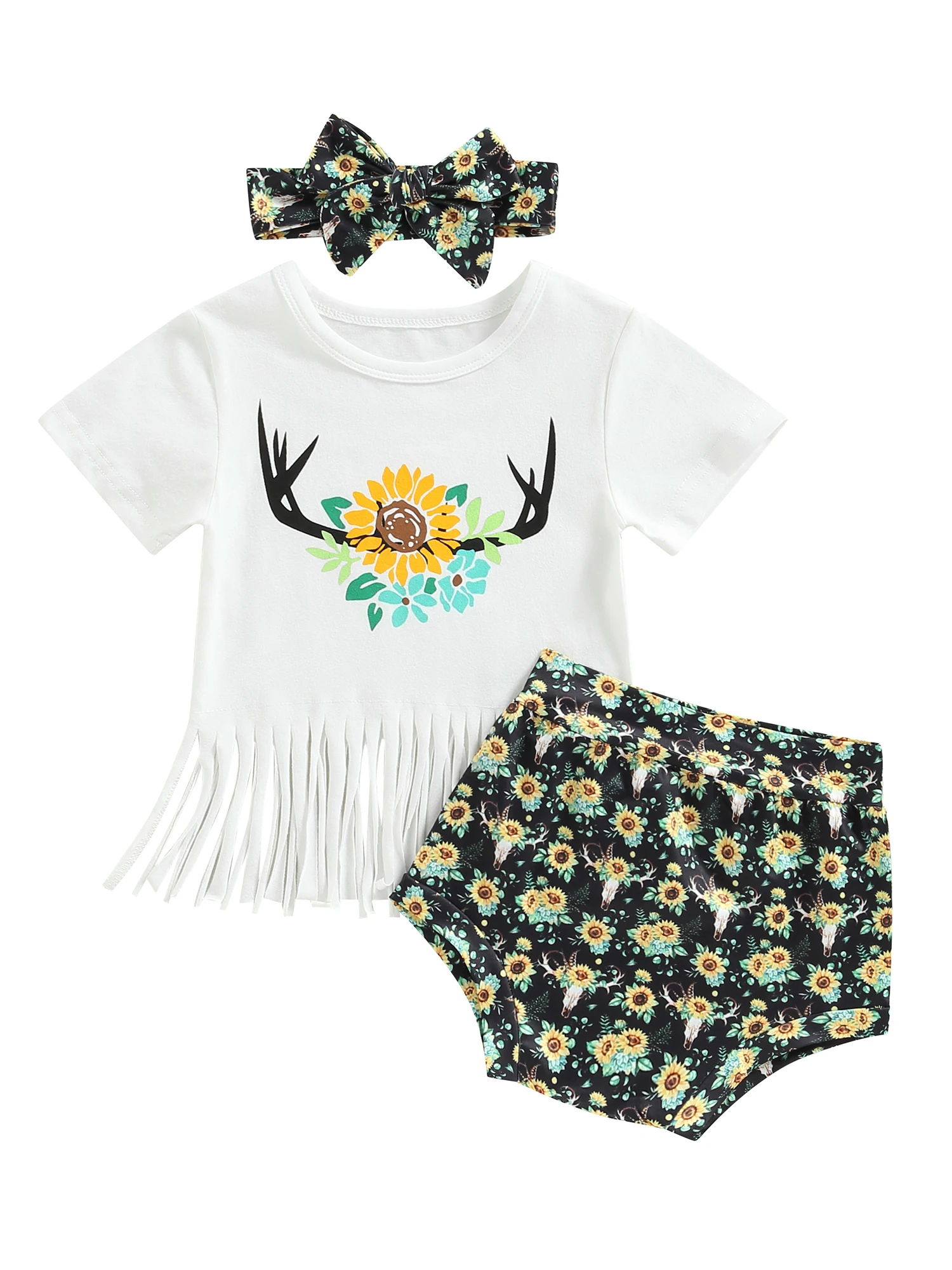 

Одежда для маленьких девочек в западном стиле, футболка с принтом коровы и букв, топы с кисточками, шорты с коротким рукавом и принтом подсолнухов