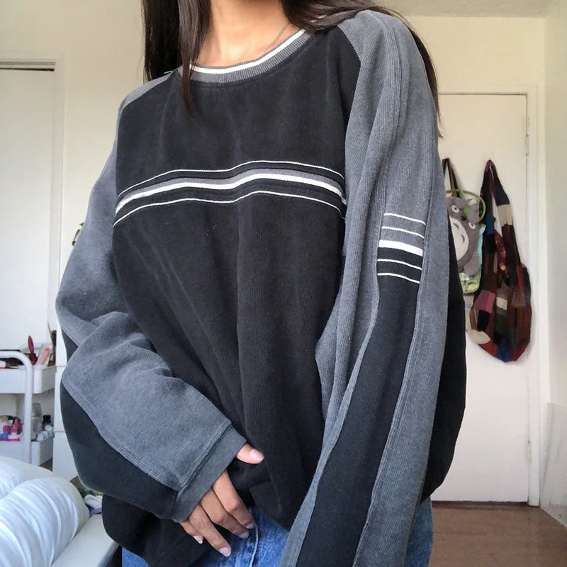 

Casual Women Sports Sweatshirt Long Sleeve Round Neck Stripe Pullover Tops for Spring Autumn Women Clothing