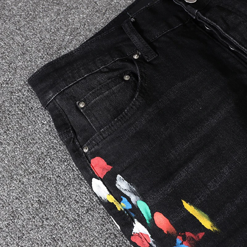 2023 Brand Men's Jeans Streetwear Skinny Trouser Hip Hop Paint Splash Denim Pants Fashion Ripped Elastic Tight Slim Fit Trousers