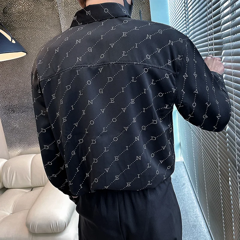 2022 Letter Print Shirts Men Autumn Long Sleeve Casual Slim Shirt Business Dress Shirts Social Party Streetwear Camisa Masculina