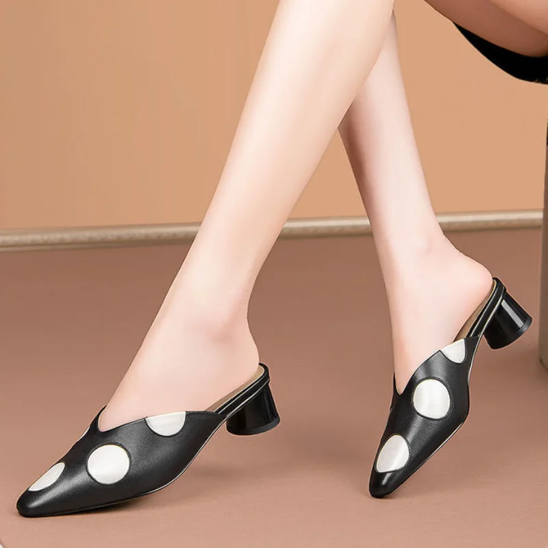 Big Dot Mid Heels Slippers Women Summer Shoes Sexy Sandals Leather Mules Shallow Slides High Heel Shoes Zapatos De Mujer
