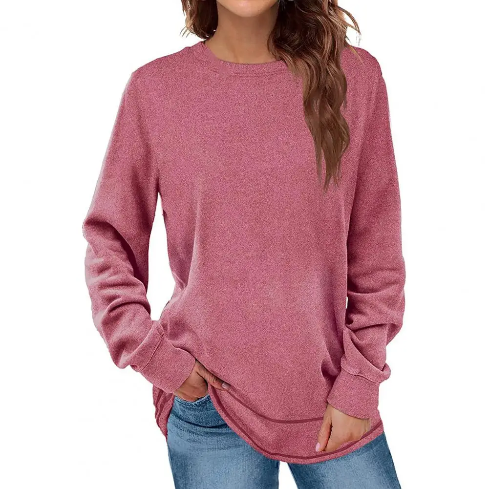 

Trendy Autumn Top Arc Hem Skin-touch Pullover Blouse Solid Color Loose Lady Sweatshirt Blouse