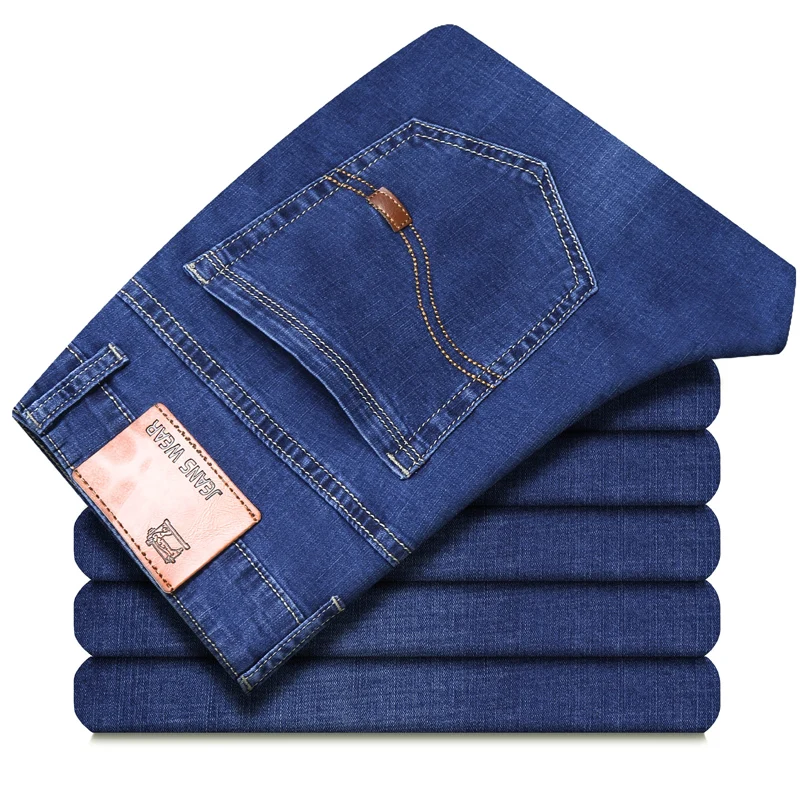 

LICHENGRUI Classic Style Men's Thin Light Blue Jeans Spring Summer Business Casual Advanced Stretch Straight Jean Male Brand