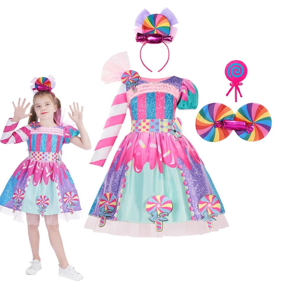 

Baby Girls Birthday Lollipop Fantasy Dress Children Carnival Rainbow Candy Costume Princess Party Frock The Festival of Purim