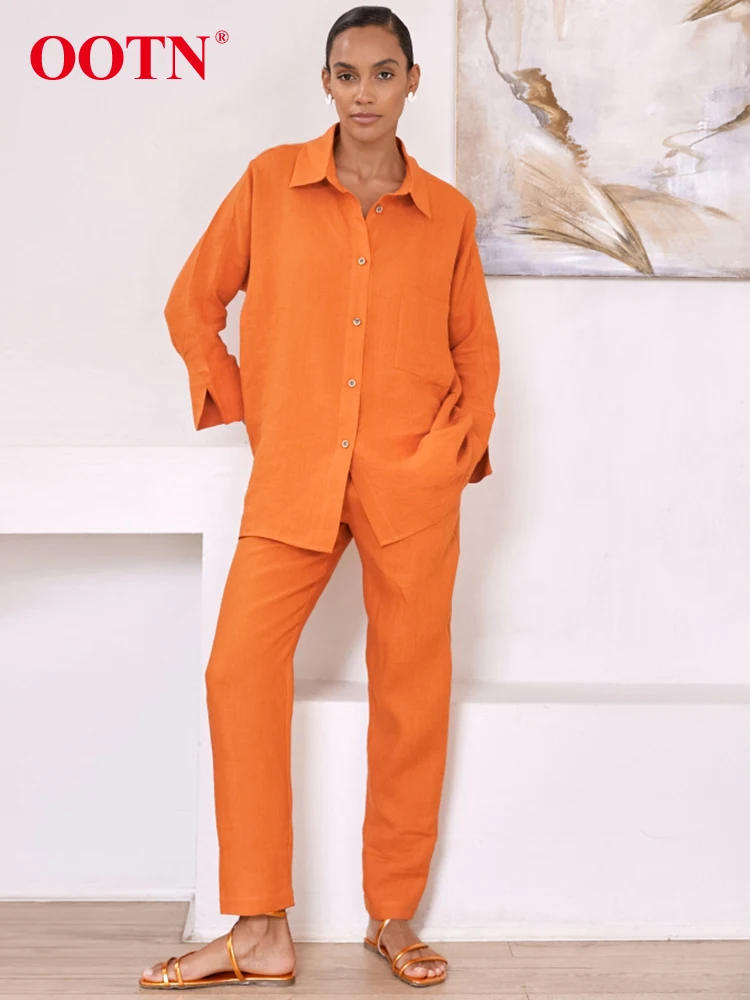 

Офисные женские костюмы с отворотом OOTN, летний хлопковый льняной комплект из двух предметов, рубашка на пуговицах, длинные брюки-карандаш, синие наряды для женщин, 2023