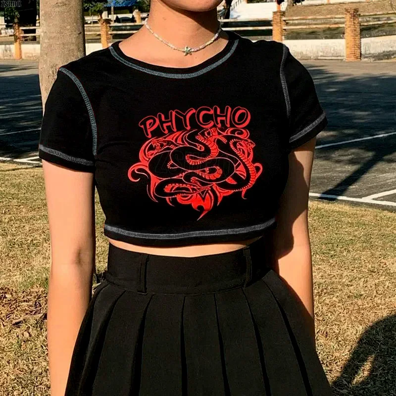 

Женская футболка с коротким рукавом и принтом, повседневный облегающий топ с круглым вырезом и контрастной строчкой, y2k, Летний сезон