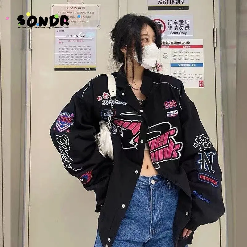 

Varsity jacket Women Printed Casual Zipper Long Sleeve Racing Jacket Coat Winter Clothes Vintage Colorblock Women Bomber Jacket