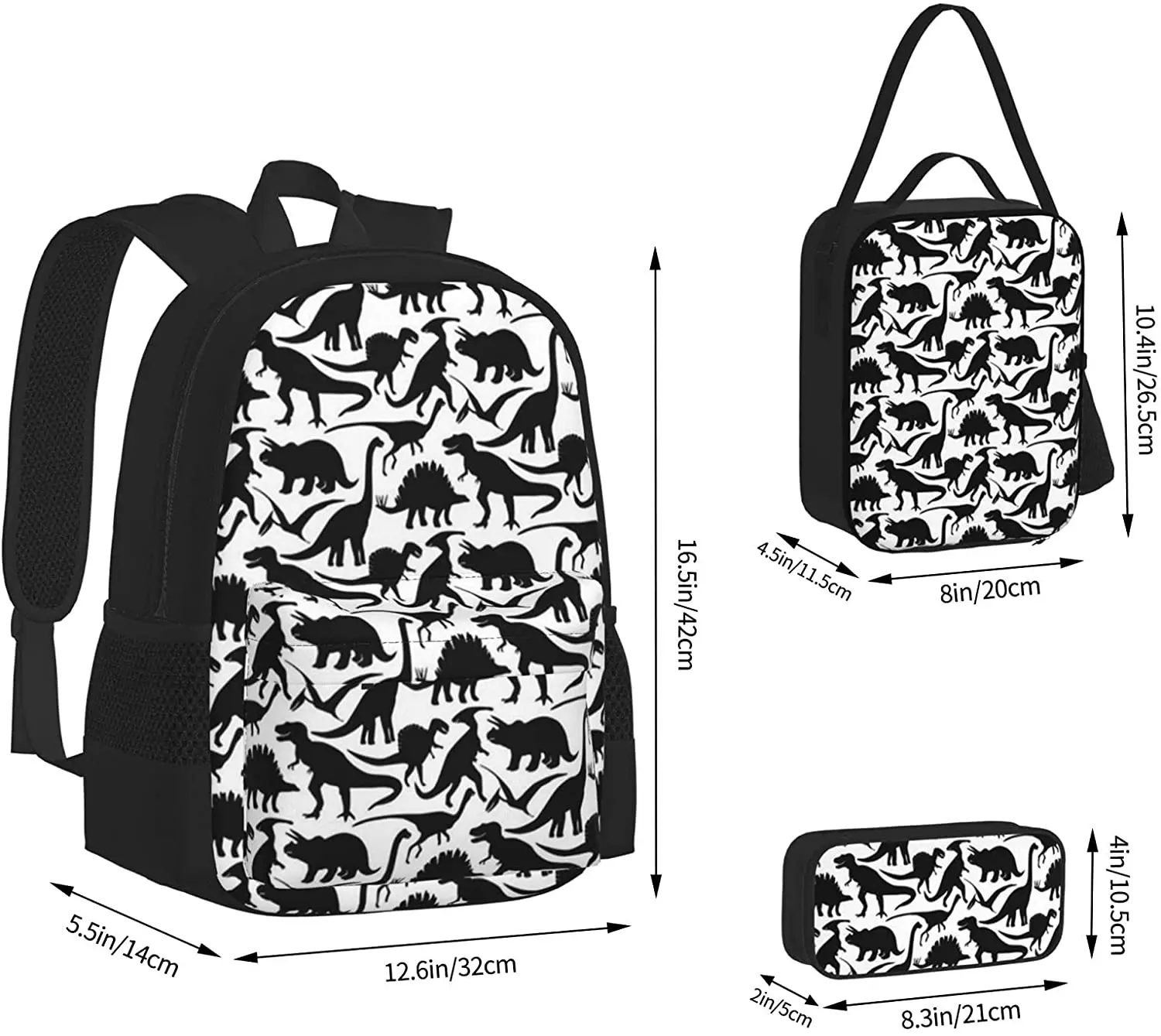 Dinosaur Friends Black Backpack Set 3-Piece Teen Boys Girls Backpack Messenger Lunch Bag Pencil Case Set