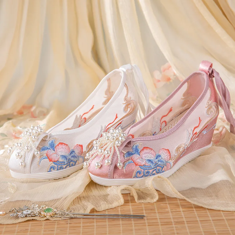 Женские Элегантные сетчатые тканевые туфли на шнуровке с жемчугом в китайском