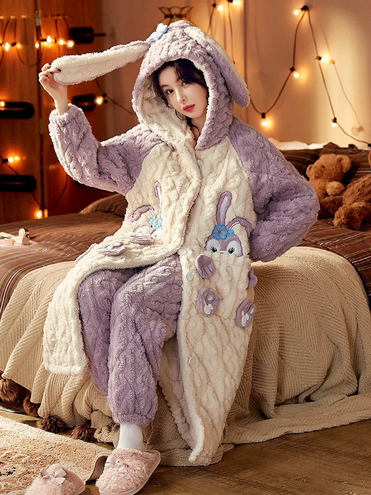 Oimg Lou Pajamas Women Cotton Autumn Three-Layer Quilted Winter Thickened Fleece-lined Coral Fleece Nightgown Can Be Wo...