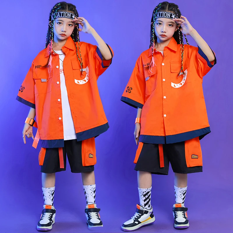 

Kids Ballroom Hip Hop Clothing Kpop Outfits Orange Shirt Cargo Shorts For Girl Boy Jazz Dance wear Costume Teen Streetwear