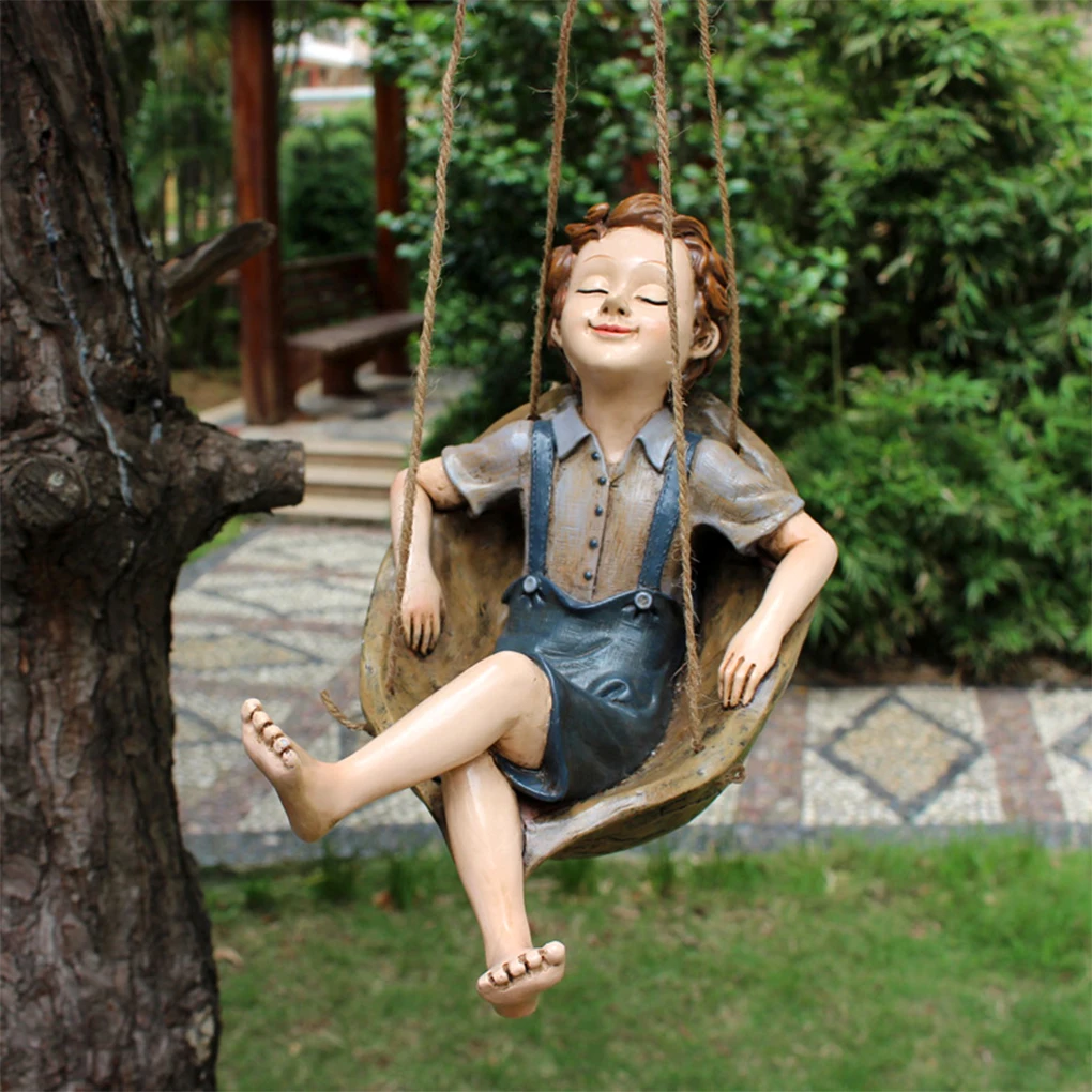 

Swing Boy Pendant Hand-painted Resin Sunscreen Coating Home Garden Park Decoration Statue Ornament Props Accessories