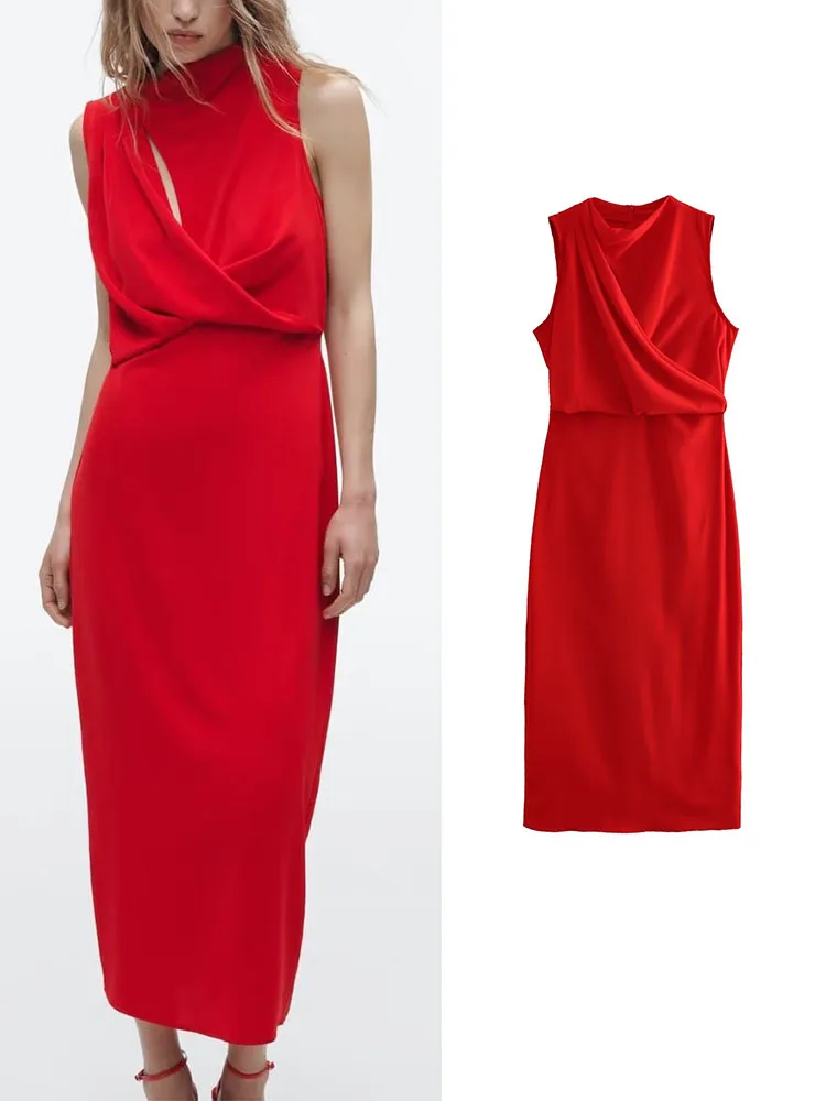 

M GIRLS Elegant Women Solid Folds Mid-Calf Dresses Summer Fashion O-neck Sleeveless Dress Back Zipper Straght Vestidos