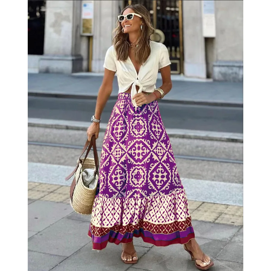 

Elegant Women's Fashion Printed Half Length Skirts Spring/Summer Office Lady Loose Casual Beach Holiday A-line Skirt S-XXL