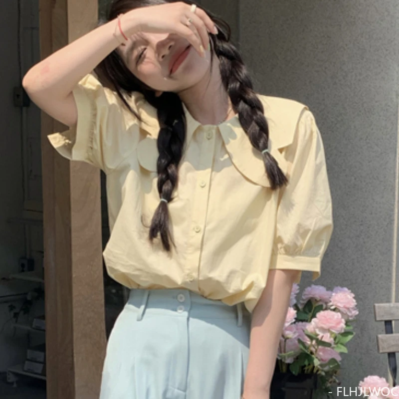 

Retro Cute Chic Tops Hot 2023 Women Summer Korea Japan Style Design Peter Pan Collar Button Shirt Blouse FLHJLWOC Design Vintage