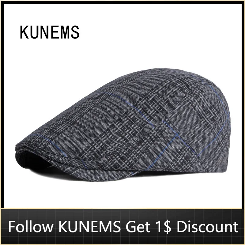 

KUNEMS Fashion Plaid Newsboy Hats Retro Beret Casual Forward Hat for Man Youth Middle-aged Flat Caps Dad Cap Gorras Hombre