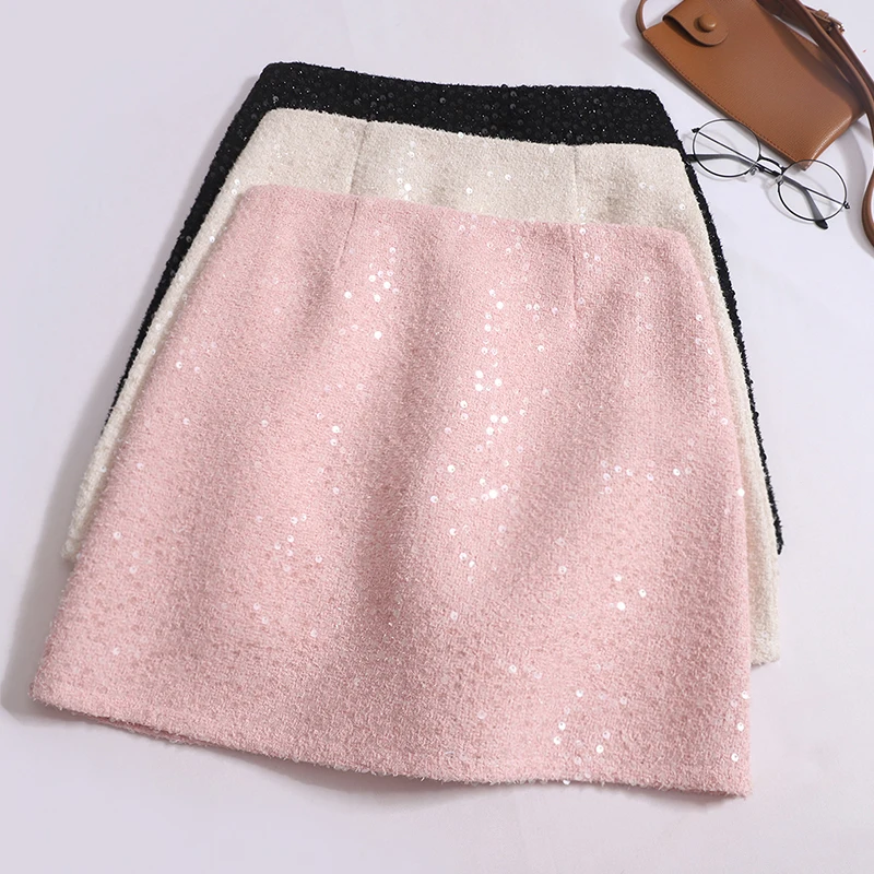 

Женская короткая юбка с блестками в Корейском стиле, узкая трапециевидная, облегающая, с завышенной талией, для похудения, универсальная, осень, зима, новинка