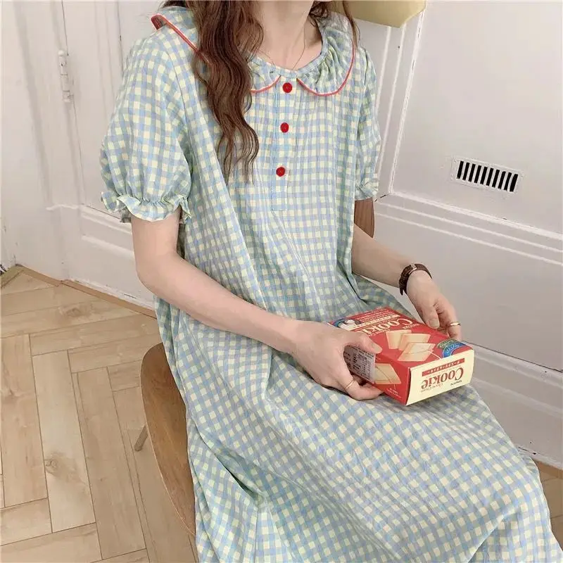 Yasuk Spring Summer Fashion Women's Casual Girl Print Plaid Lovely Pullover Sleepwear Pajamas Set With Skirt Nightdress