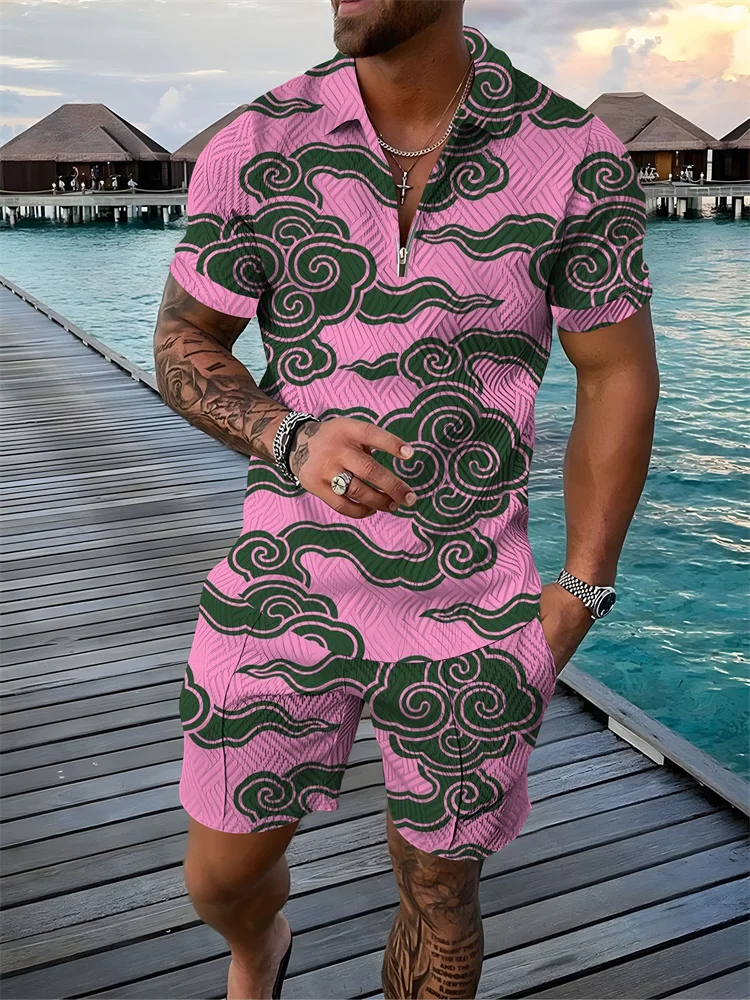 

Мужская рубашка-поло и шорты, Повседневная рубашка-поло на молнии с короткими рукавами и принтом в виде облаков и шорты, мужской повседневный костюм, 2023