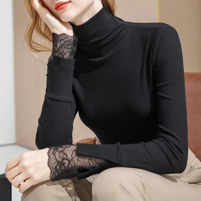 Half Turtleneck Modal Cotton Long-sleeved T-shirt Bottoming Shirt Women's Autumn and Winter Stitching Lace Bell-sleeved Top