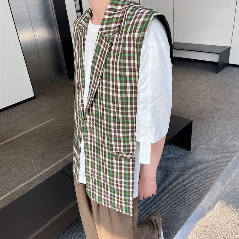 

SYUHGFA 2022 Spring Autumn New Korean Vintage Plaid Men's Suit Vest Trend Loose Fashion Coat Men's Clothing High Quality Tops