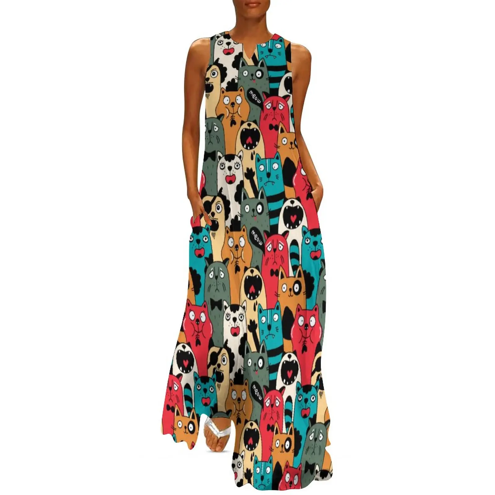 

Женское длинное платье с принтом кошки, винтажное пляжное платье макси в уличном стиле с забавным принтом животных, подарок на день рождения, для лета