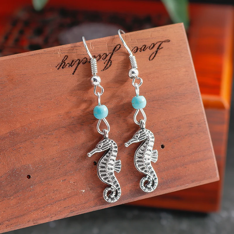 

Vintage Tibetan Silver Color Natural Turquoise Stone Beads Small Seahorse Drop Earrings for Women Jewelry Bohemian Bijoux