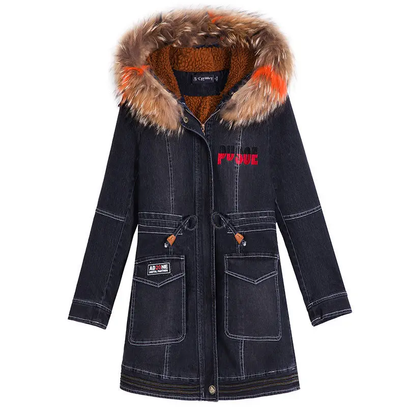 2022 Winter Loose Popular Denim Jacket Women Fur Collar Jacket Vintage Cotton Thicken Warm Jean Coat Long Sleeve Outwear Q467