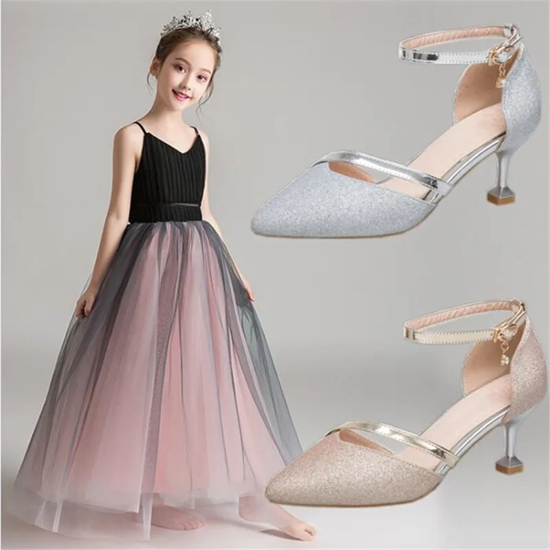 

Model Catwalk Shoes Children High Heels Piano Performance Shoes Crystal Princess Shoes Pointed Dress Shoes 5CM