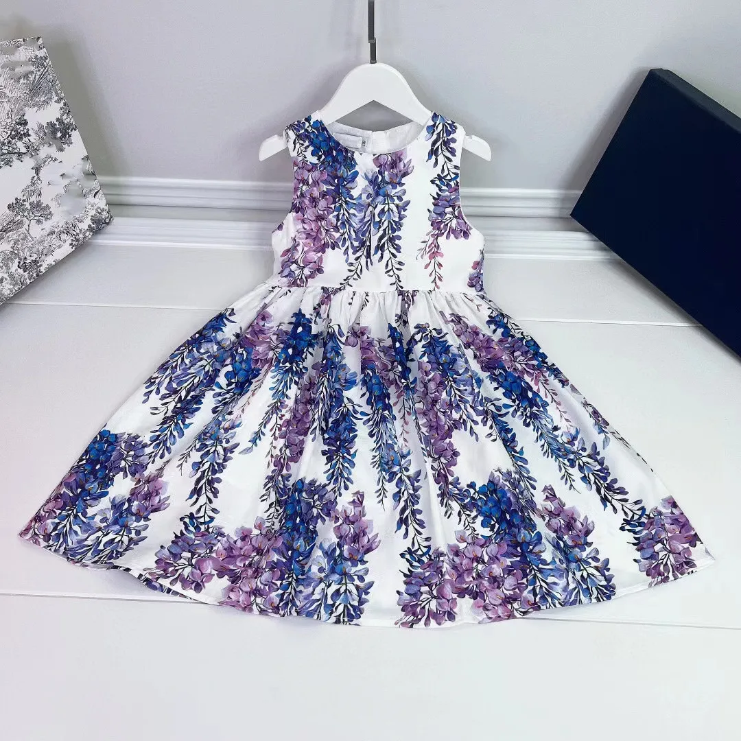

2023 New Top Summer Girls' Blue Flower print vest Skirt floral holiday princess skirt