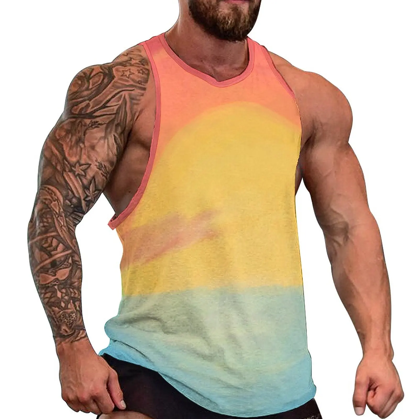 

Sunset Print Tank Top Man Subtle Pan Flag Muscle Tops Beach Workout Graphic Sleeveless Vests Plus Size