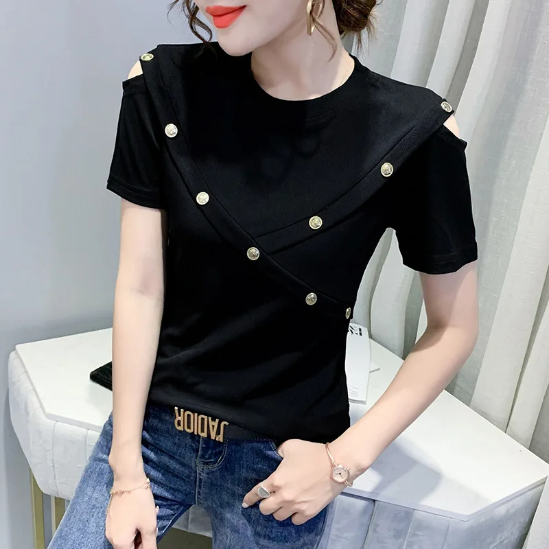 

Новинка лета 2022, футболка с открытыми плечами и коротким рукавом, Женский облегающий однотонный топ на пуговицах