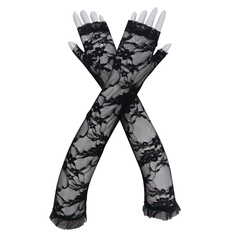 

1 Pair Lace Long Arm Sleeves UV Protection Hollow-Out Fingerless Gloves for Outdoor Climbing Running Golf Fishing F3MD
