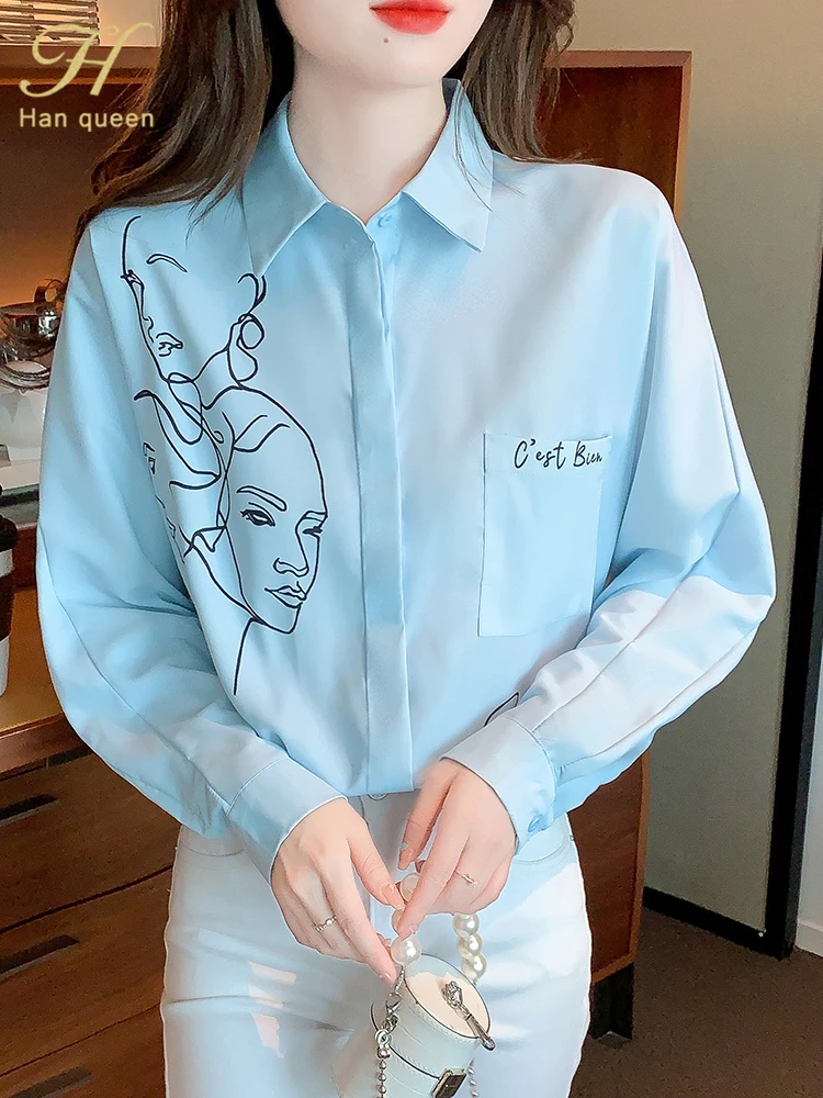 

Осенняя шифоновая блузка H Han Queen, офисные женские блузы с отложным воротником, ретро топы с абстрактным принтом и принтом, женская Свободная ...
